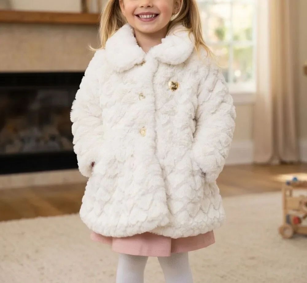 Juicy Couture White Cream Jacket Logo Plate Faux Fur Coat Collared Peplum Sz 18m